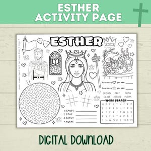 Puede incluir: Página de actividades en blanco y negro con el texto "ESTHER ACTIVITY PAGE" y "DIGITAL DOWNLOAD". La página incluye ilustraciones de una reina, corona, cetro y otras imágenes relacionadas, junto con búsquedas de palabras y laberintos.