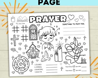 Puede incluir: Una página de actividad imprimible en blanco y negro con la palabra "ORACIÓN" en la parte superior. La página incluye un laberinto, un juego de tres en raya y una sección para escribir cosas por las que rezar. También hay varias ilustraciones de símbolos religiosos, incluyendo una iglesia, una cruz, una paloma y una vela.