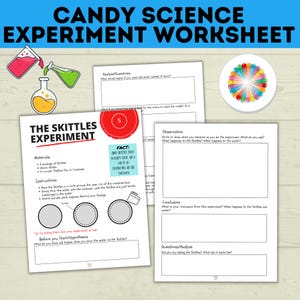 Könnte beinhalten: Ein druckbares Arbeitsblatt für ein wissenschaftliches Experiment mit Skittles-Bonbons und Wasser. Das Arbeitsblatt enthält Anweisungen, einen Platz für Beobachtungen, eine Schlussfolgerung und Fragen zur Analyse des Experiments. Der Text auf dem Arbeitsblatt enthält die Wörter "Candy Science Experiment Worksheet", "The Skittles Experiment", "Materials", "Instructions", "Before you Start/Hypothesis", "Observation", "Conclusion", "Questions/Analyze", und "Fact: Any Skittle that doesn't have an S on it is rejected in the factory."