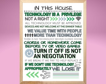 May include: A printable poster with green and white text on a white background. The poster reads "In this house technology is a privilege, not a right." and includes other rules about technology use.