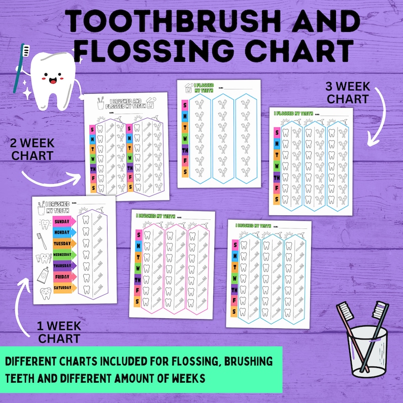 Toothbrush Chart for Kids Flossing Chart Brushing Teeth Reward Chart Teeth Brushing Chart Dental