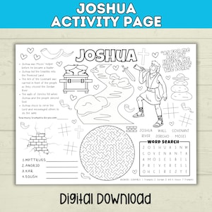 May include: Black and white Joshua activity page with text and illustrations. Includes a word search, maze, and prompts. Features the text "Joshua Activity Page" and "Digital Download".