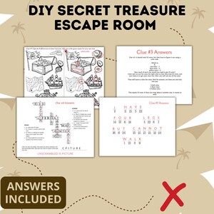 K&ouml;nnte beinhalten: Ein druckbares Escape-Room-Spiel mit einem Schatz-Thema. Das Spiel enth&auml;lt vier Hinweise mit L&ouml;sungen. Die Hinweise umfassen ein Spot-the-Difference-Puzzle, ein Suchwort-Puzzle, ein Code-Knack-Puzzle und ein Zahlen-Puzzle. Das Spiel ist f&uuml;r Kinder konzipiert und enth&auml;lt den Text "DIY Secret Treasure Escape Room" und "Answers Included".