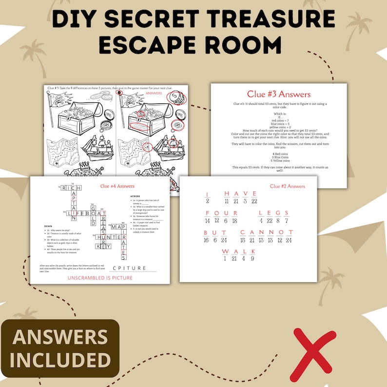 K&ouml;nnte beinhalten: Ein druckbares Escape-Room-Spiel mit einem Schatz-Thema. Das Spiel enth&auml;lt vier Hinweise mit L&ouml;sungen. Die Hinweise umfassen ein Spot-the-Difference-Puzzle, ein Suchwort-Puzzle, ein Code-Knack-Puzzle und ein Zahlen-Puzzle. Das Spiel ist f&uuml;r Kinder konzipiert und enth&auml;lt den Text "DIY Secret Treasure Escape Room" und "Answers Included".