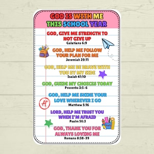 May include: A rectangular sticker designed like a piece of lined notebook paper with the text GOD IS WITH ME THIS SCHOOL YEAR. It features colorful religious prayers and Bible verses, decorated with small illustrations of a backpack, paper airplane, stars, an A+ grade, and school supplies.
