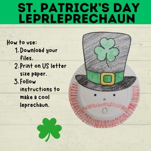 May include: Printable craft template for making a leprechaun out of a paper plate. The template includes a hat, beard, and shamrock. Instructions are included to download, print, and follow to make a cool leprechaun.