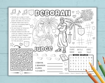 Página de actividades con la historia bíblica de Débora, manualidad para la escuela dominical, actividad cristiana, lección bíblica para niños, lección de fe, manualidad para la iglesia, seminario