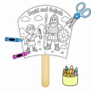 May include: A fan-shaped paper craft featuring a black and white line drawing of David and Goliath with the text David and Goliath. The craft has a wooden handle, blue scissors, a blue crayon, a pink crayon, and a cup of colorful crayons.