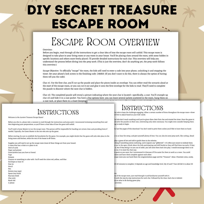 K&ouml;nnte beinhalten: Ein druckbares DIY-Escape-Room-Spiel f&uuml;r Kinder. Die Anleitung enth&auml;lt eine Liste der ben&ouml;tigten Materialien, wie z. B. Klebeband, Buntstifte und ein Telefon. Die Anleitung enth&auml;lt auch Tipps f&uuml;r die Durchf&uuml;hrung des Spiels und die Einbeziehung der Kinder.