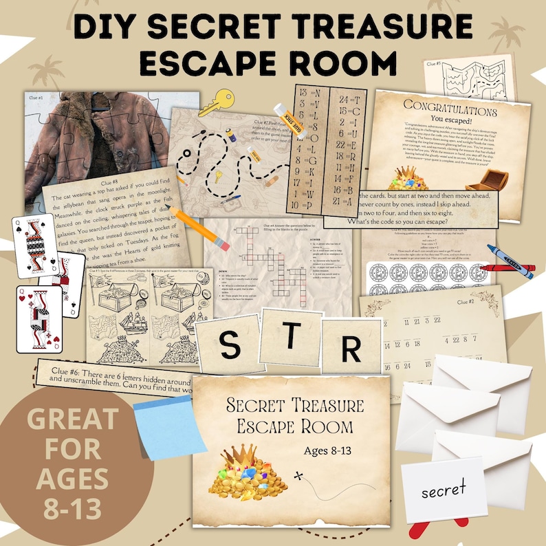K&ouml;nnte beinhalten: Ein druckbares DIY-Geheimschatz-Escape-Room-Spiel f&uuml;r Kinder von 8 bis 13 Jahren. Das Spiel beinhaltet eine Vielzahl von R&auml;tseln und Herausforderungen, darunter eine Karte, ein Kreuzwortr&auml;tsel, eine Codeknack-Aktivit&auml;t und eine Wortsuche. Das Spiel ist f&uuml;r ein oder mehrere Spieler konzipiert.