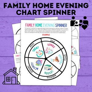 May include: A printable family home evening chart spinner with a colorful wheel divided into six sections. Each section has a different activity, such as "Treat", "Songs", "Prayers", "Lesson", "Activity", and "Steven".
