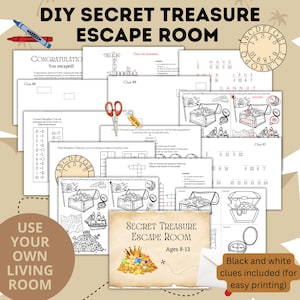 K&ouml;nnte beinhalten: Schwarzwei&szlig;es druckbares Escape-Room-Spiel f&uuml;r 8-13 Jahre. Das Spiel hat ein Schatztruhen-Thema und enth&auml;lt Hinweise zum L&ouml;sen von R&auml;tseln. Der Text "DIY Secret Treasure Escape Room" befindet sich oben im Bild.