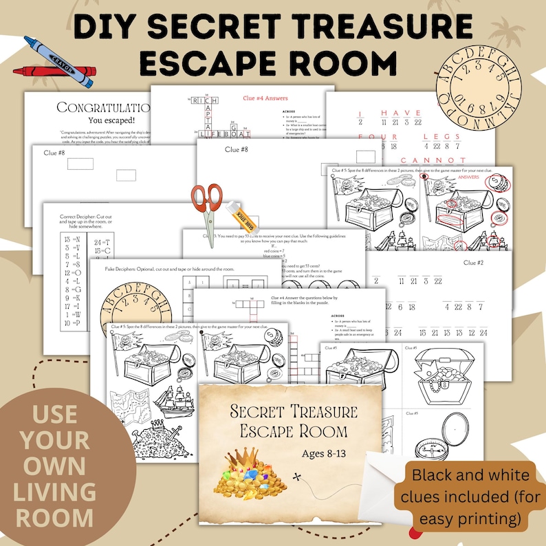 K&ouml;nnte beinhalten: Schwarzwei&szlig;es druckbares Escape-Room-Spiel f&uuml;r 8-13 Jahre. Das Spiel hat ein Schatztruhen-Thema und enth&auml;lt Hinweise zum L&ouml;sen von R&auml;tseln. Der Text "DIY Secret Treasure Escape Room" befindet sich oben im Bild.