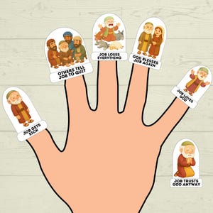 May include: A set of six finger puppets featuring cartoon illustrations of the biblical story of Job. Each puppet includes a label with text such as JOB GETS SICK, OTHERS TELL JOB TO QUIT, JOB LOSES EVERYTHING, GOD BLESSES JOB AGAIN, JOB LOVES GOD, and JOB TRUSTS GOD ANYWAY.