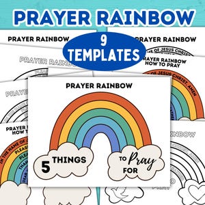 Plantilla de oración de arcoíris para niños, página para colorear de la Biblia, hoja de actividades, escuela dominical cristiana, ministerio infantil, actividad de oración