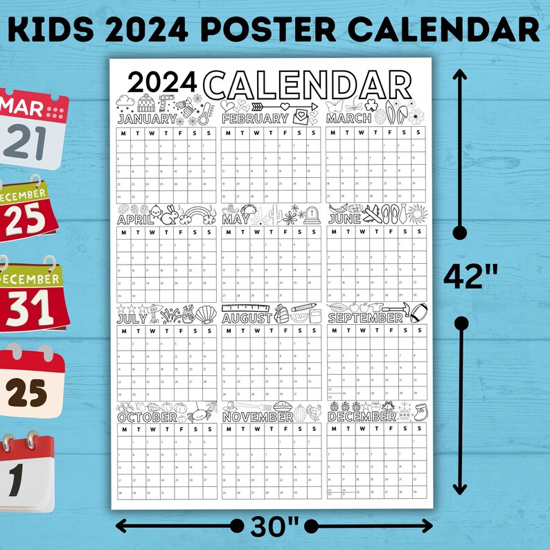 2024 Yearly Calendar Poster for Kids Wall Calendar Kids Calendar Poster