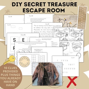 K&ouml;nnte beinhalten: Ein druckbares Escape-Room-Spiel mit 10 Hinweisen, darunter eine Karte, eine Uhr, eine Schatztruhe, ein Puzzle und ein Schl&uuml;ssel. Das Spiel ist f&uuml;r Kinder und Erwachsene konzipiert, um R&auml;tsel zu l&ouml;sen und den verborgenen Schatz zu finden.
