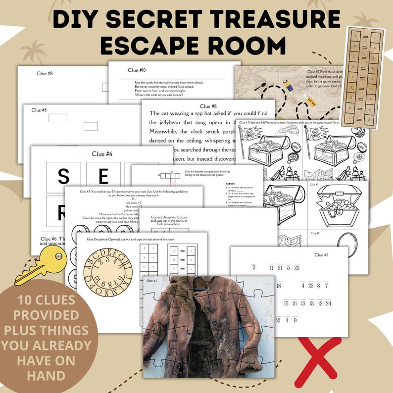 K&ouml;nnte beinhalten: Ein druckbares Escape-Room-Spiel mit 10 Hinweisen, darunter eine Karte, eine Uhr, eine Schatztruhe, ein Puzzle und ein Schl&uuml;ssel. Das Spiel ist f&uuml;r Kinder und Erwachsene konzipiert, um R&auml;tsel zu l&ouml;sen und den verborgenen Schatz zu finden.