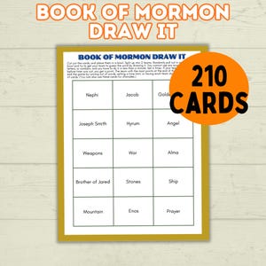 May include: A game card set titled "Book of Mormon Draw It" with 210 cards. The game card has a gold border and features a grid of words like "Nephi," "Jacob," and "Weapons." An orange circle displays "210 CARDS."