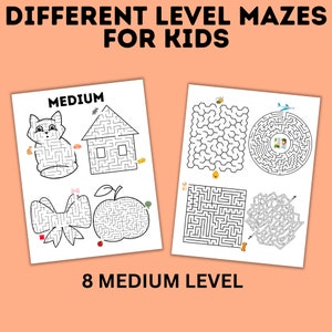 May include: Eight medium difficulty mazes for kids. The mazes feature a cat, a house, a bow, an apple, a honeycomb, a circle, a square, and a maze with an arrow.