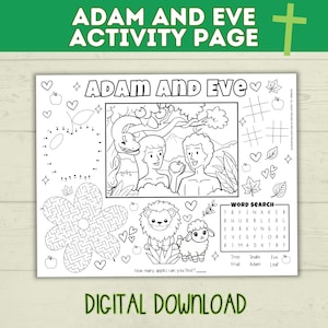 May include: Black and white "Adam and Eve Activity Page" digital download. Features a coloring page with Adam and Eve, a snake, lion, and lamb. Includes a word search, dot-to-dot, and maze. The text "DIGITAL DOWNLOAD" is at the bottom.