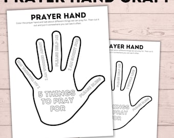 May include: A printable black and white outline of a hand with five fingers. Each finger has a different phrase to pray for, such as "I am thankful for", "I am worried about", "Please help me", "I am sorry for", and "Please bless". The text "5 things to pray for" is written in the palm of the hand.