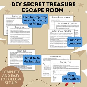 K&ouml;nnte beinhalten: Ein druckbares DIY-Escape-Room-Spiel mit dem Thema eines geheimen Schatzes. Das Bild zeigt eine Reihe von Anweisungen zum Einrichten und Spielen des Spiels. Die Anweisungen umfassen einen vollst&auml;ndigen &Uuml;berblick, Vorbereitungsarbeiten, das Spiel und einfache Anweisungen.