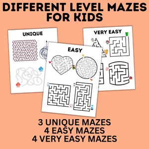 May include: A set of printable maze worksheets for kids. The worksheets are divided into three difficulty levels: unique, easy, and very easy. Each level has a different number of mazes. The worksheets are black and white and feature simple line drawings.