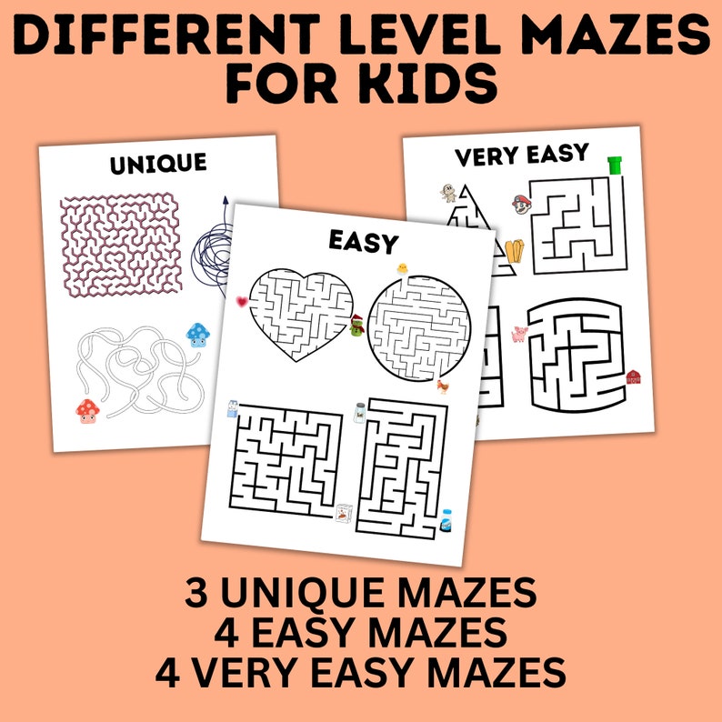 May include: A set of printable maze worksheets for kids. The worksheets are divided into three difficulty levels: unique, easy, and very easy. Each level has a different number of mazes. The worksheets are black and white and feature simple line drawings.