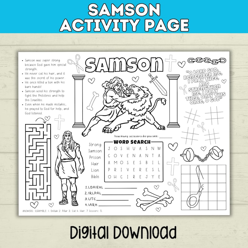 Samson Riddle Kids Activity Bible Old Testament Coloring Activity Page for Kids, Samson, Sunday ...