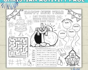 Foglio da colorare cristiano di Capodanno per bambini, giochi biblici della scuola domenicale per il ministero dei bambini, tovaglietta con attività da scaricare digitalmente