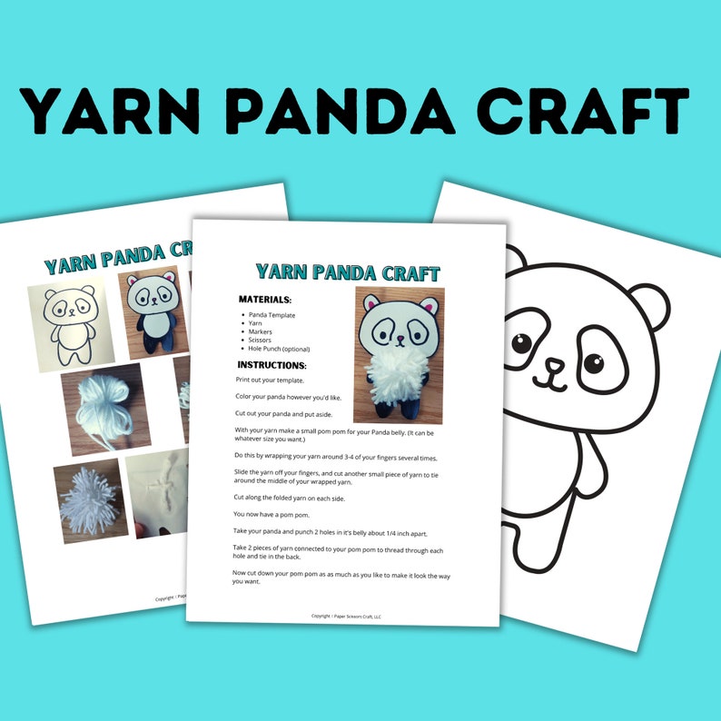 May include: A printable craft template for making a yarn panda. The template includes a panda outline, instructions for making a yarn pom-pom, and a finished example of the craft.