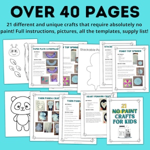 May include: A collection of 21 printable craft projects for kids. The crafts are no-paint and include instructions, templates, and supply lists. The image shows a variety of crafts, including a paper plate caterpillar, a yarn panda, a penny top spinner, and a heart penguin.