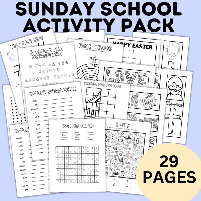 Sunday School Activity Fun Pack Sunday School Craft Church Activities Church Printables Sunday School Activity Page Printable image 1