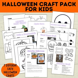 May include: A printable Halloween craft pack for kids featuring 7 different easy crafts. The crafts include a witch's brew, apple core, cotton ball ghost, Frankenstein, ghost faces, surprise Halloween, and skeleton. Each craft includes instructions and materials needed.