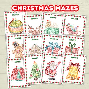 May include: A collection of twelve Christmas-themed mazes, each with a unique design, including a Christmas tree, Santa Claus, and ornaments. The mazes are framed with red and green dotted borders, and the title "CHRISTMAS MAZES" is at the top.