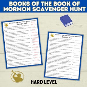 Puede incluir: Un juego de búsqueda del tesoro imprimible del Libro de Mormón con dos páginas. El juego está dividido en dos secciones: Libros y capítulos del Libro de Mormón Búsqueda del tesoro. La primera página está etiquetada como "Nivel difícil" y la segunda página está etiquetada como "Nivel fácil".