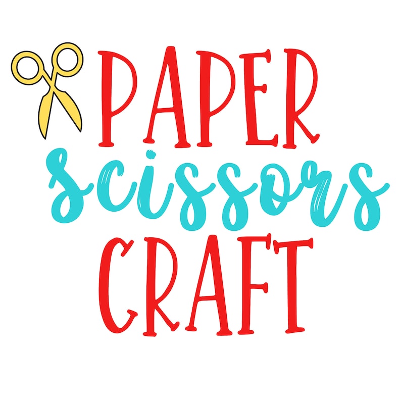 K&ouml;nnte beinhalten: Wei&szlig;er Hintergrund mit den Worten "PAPER scissors CRAFT" in roter und t&uuml;rkisfarbener Schrift. Eine gelbe Schere befindet sich in der oberen linken Ecke. Das Bild ist ein Grafikdesign f&uuml;r Bastelarbeiten.