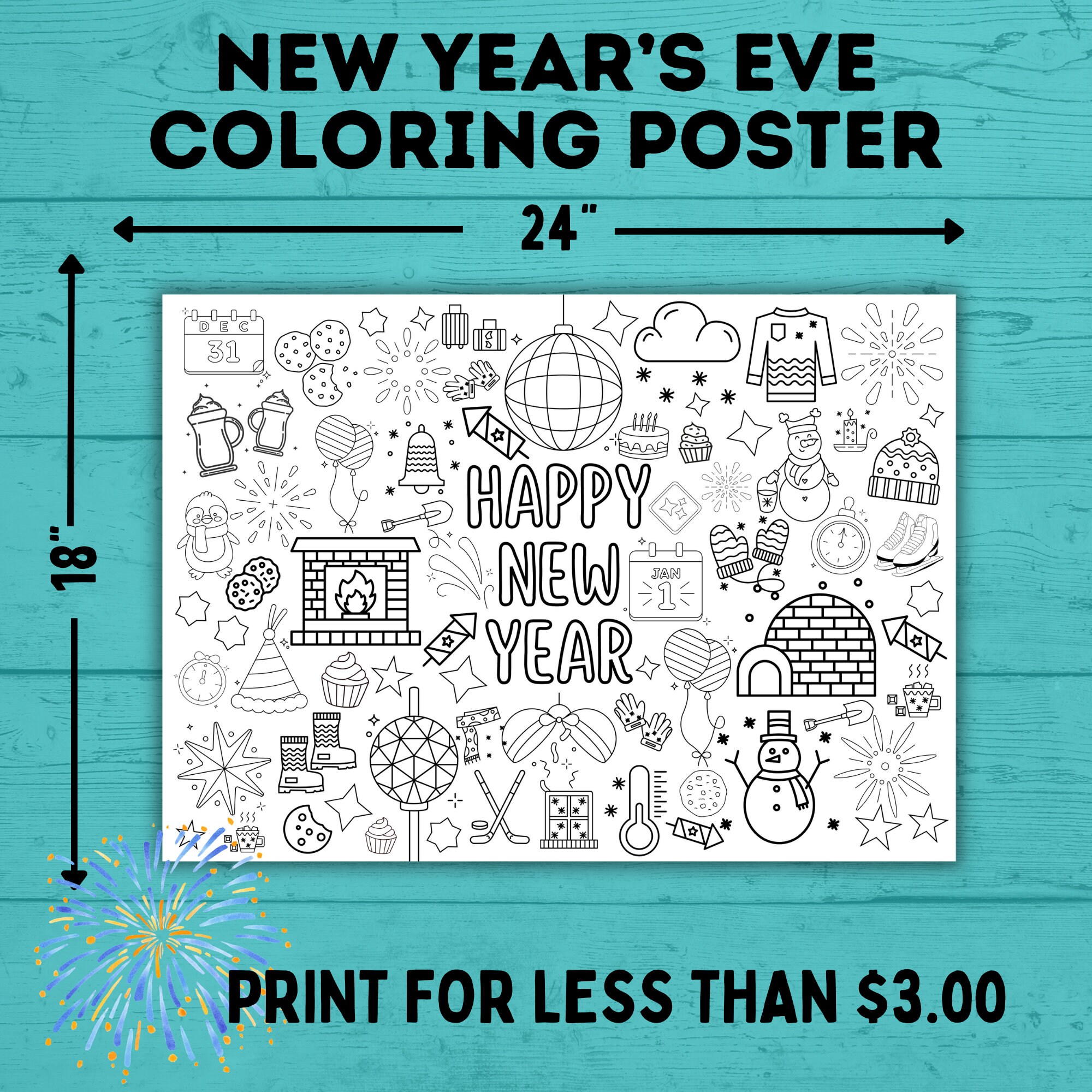 New Year's Eve Coloring Poster for Kids Kids Coloring - Etsy