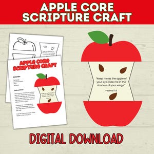 May include: A red apple-shaped craft with a green leaf and a Bible verse, "Keep me as the apple of your eye; hide me in the shadow of your wings." The image includes instructions and a template for a digital download.