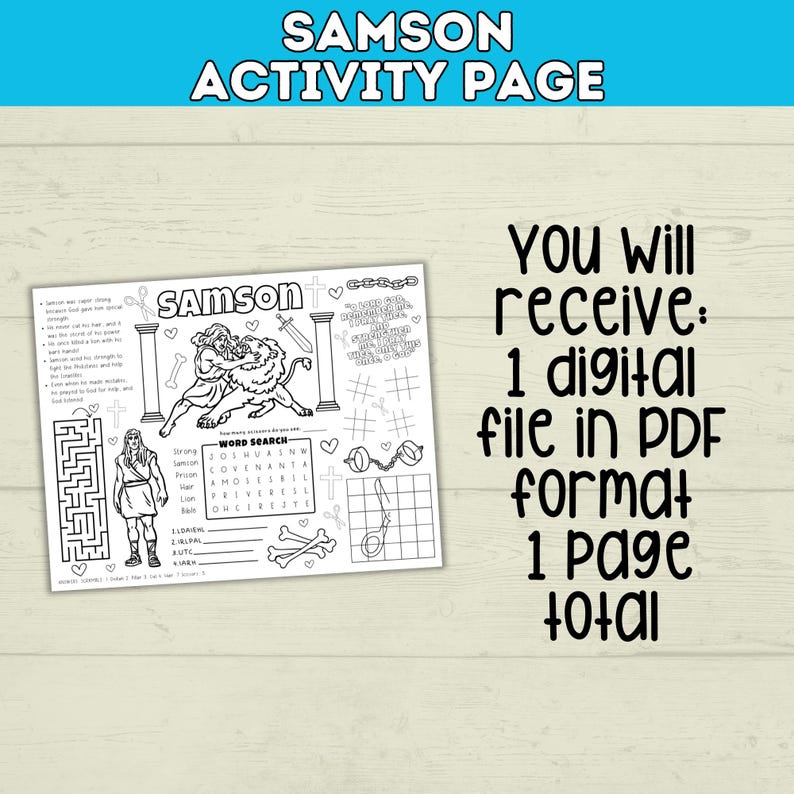 Samson Riddle Kids Activity Bible Old Testament Coloring Activity Page for Kids, Samson, Sunday ...