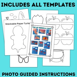 May include: A set of printable paper craft templates for kids. The templates include a turtle, an umbrella, an apple, and a cauldron. The text "Includes All Templates" and "Photo Guided Instructions" is visible at the top and bottom of the image.