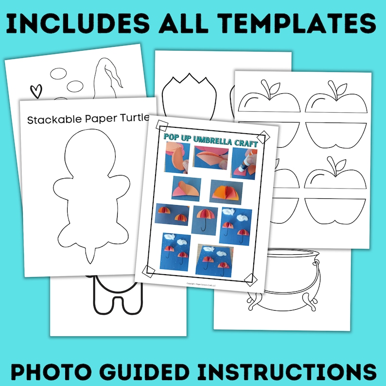 May include: A set of printable paper craft templates for kids. The templates include a turtle, an umbrella, an apple, and a cauldron. The text "Includes All Templates" and "Photo Guided Instructions" is visible at the top and bottom of the image.