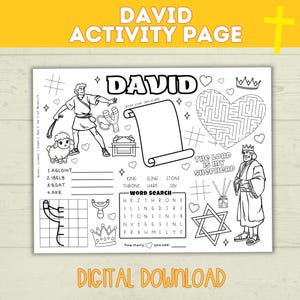 Puede incluir: Página de actividades en blanco y negro con el título "DAVID ACTIVITY PAGE". Incluye ilustraciones de David, una oveja, un laberinto y rompecabezas de búsqueda de palabras. El texto incluye "DIGITAL DOWNLOAD".
