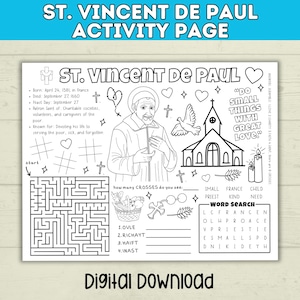 Aktivitetsblad för barn om Sankt Vincent de Paul | Katolsk aktivitet för barn | Utskrivbara material för barn | Digital PDF-nedladdning | Festdagen