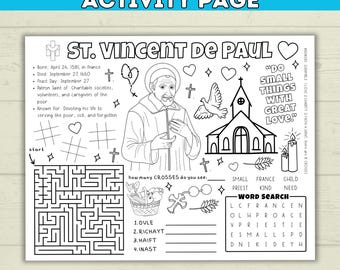 Hoja de actividades de San Vicente de Paúl para niños / Actividad católica para niños / Imprimibles para niños / Descarga digital en PDF / Festividad