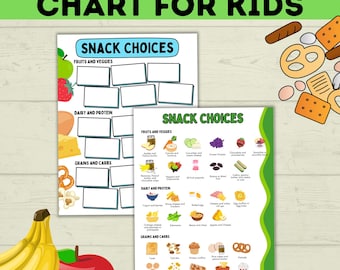 May include: Two colorful snack choice charts for kids. The charts are labeled "Snack Choices" and include categories for fruits, veggies, dairy, protein, grains, and carbs. The image also features a banana, an apple, and various snack illustrations.