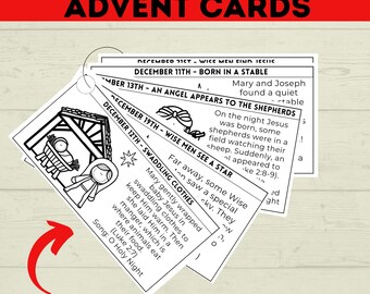 Calendario de Adviento para niños: Tarjetas con la historia de la Natividad, manualidad recortable, actividad escolar dominical del nacimiento de Jesús, descarga digital imprimible
