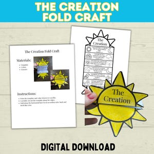 Puede incluir: Una descarga digital para "The Creation Fold Craft" con instrucciones y materiales. La imagen muestra una manualidad en forma de sol con el texto "The Creation" y una plantilla impresa con instrucciones. El texto "DIGITAL DOWNLOAD" está en la parte inferior.