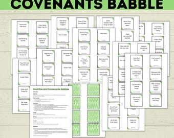 May include: A collection of over 80 cards with the title "Doctrine and Covenants Babble" in large, bold, black letters. The cards are white with green accents and feature various phrases and words. The image includes a sheet with instructions.